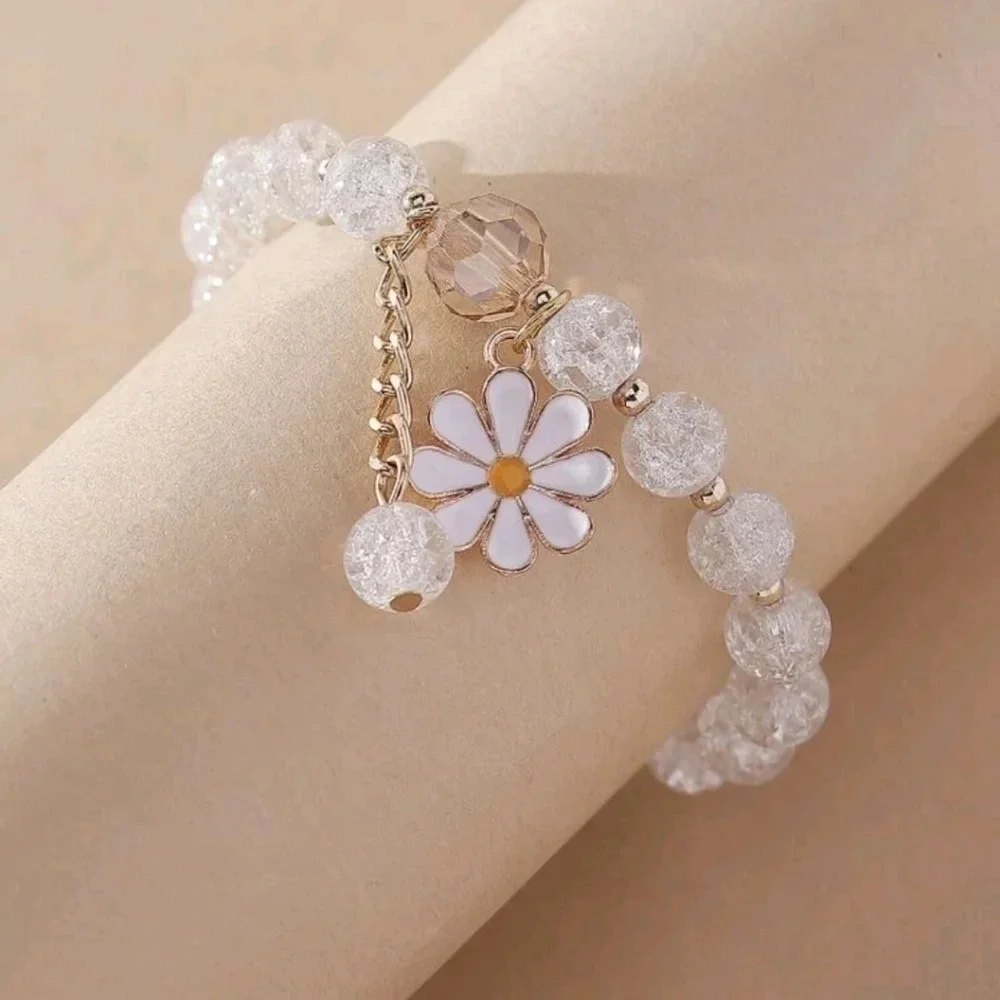 Daisy charm bracelet white gold chain women's dress jewelry cute girls flower